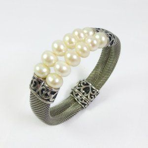 Honora Sterling Silver Double Row Pearl Sterling Silver Mesh Bracelet 8mm